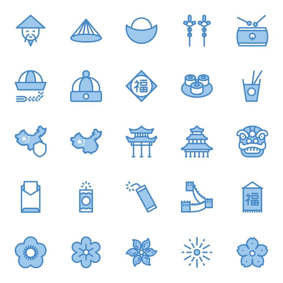 iconos de contorno azul rellenos para la cultura china. vector