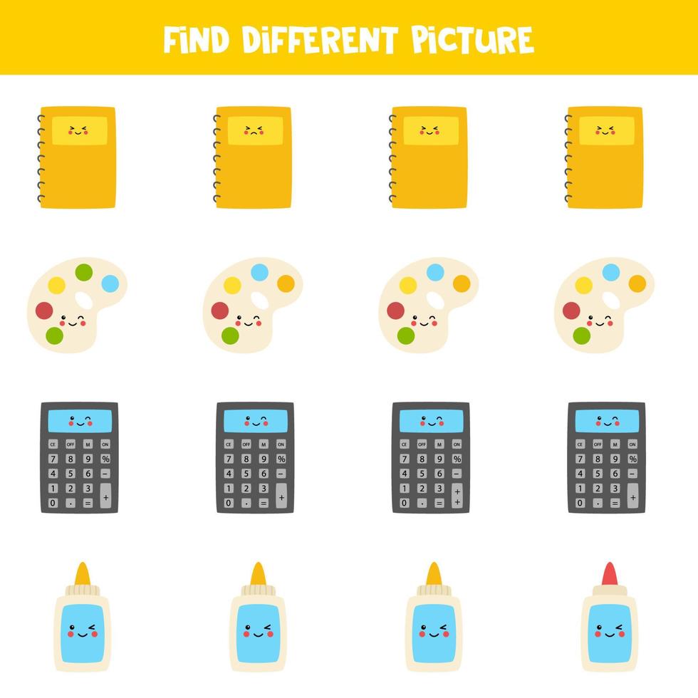 Find different school supply in each row. Logical game for preschool kids. vector