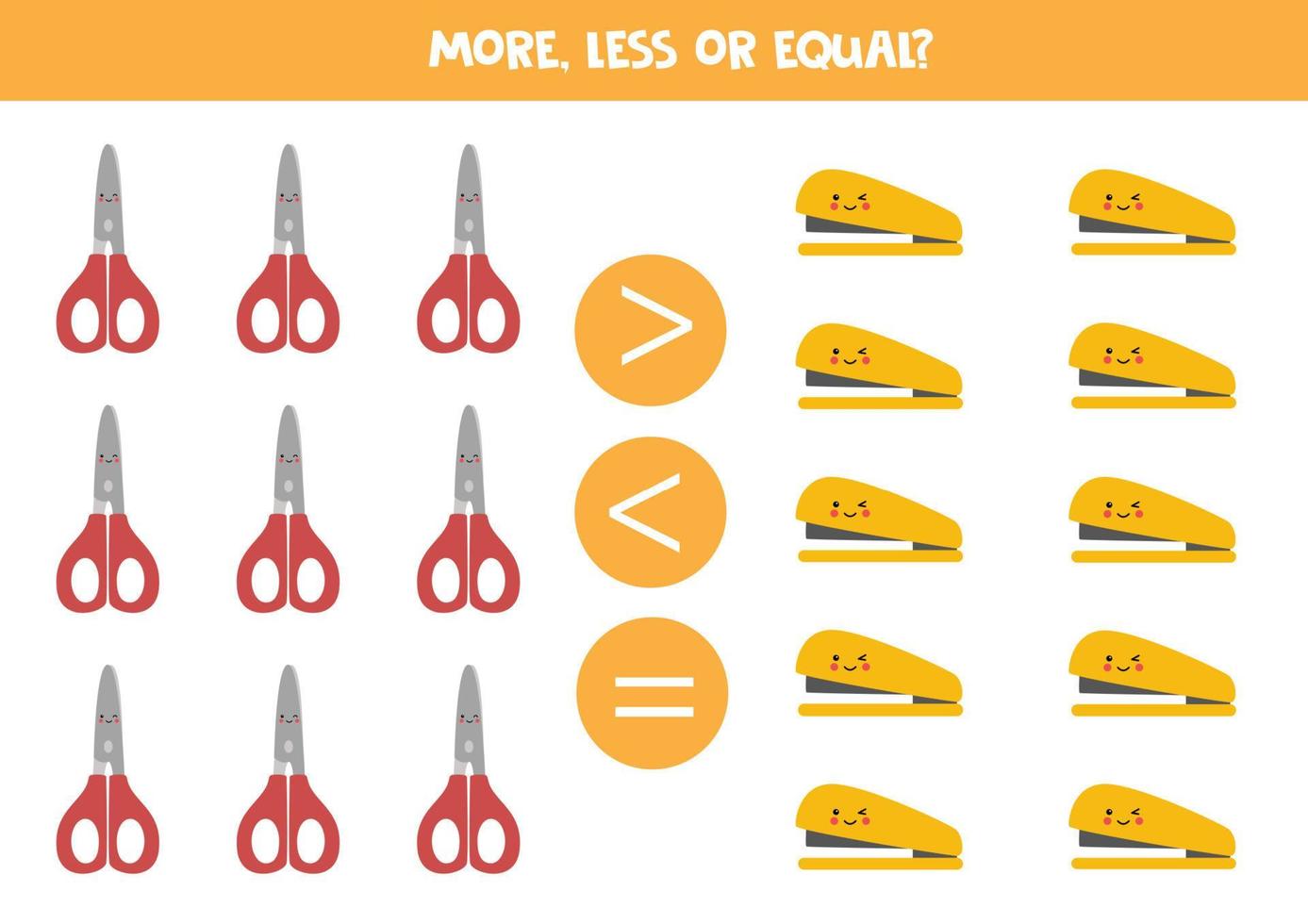 More, less or equal with cartoon scissors and staplers. vector