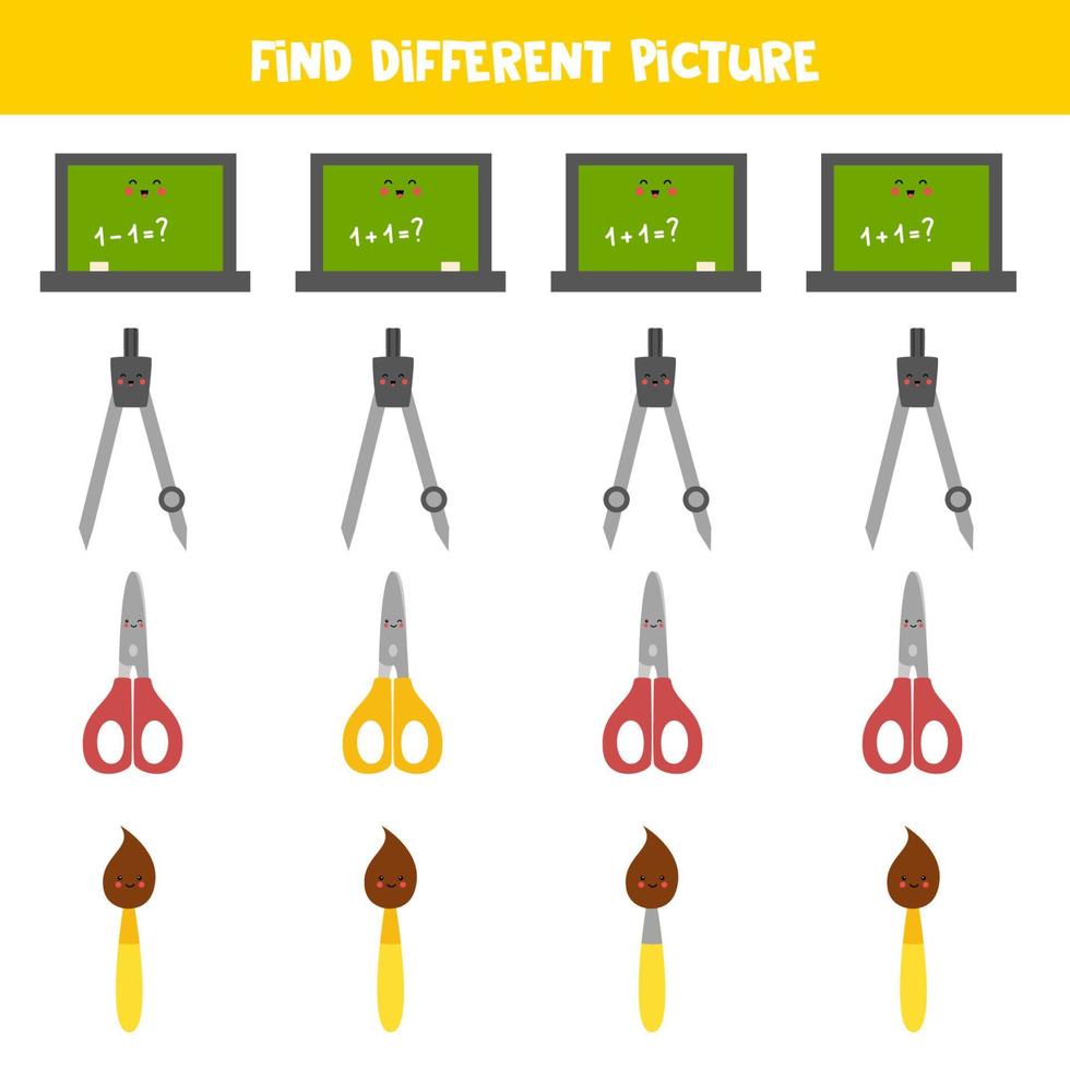 Find different school supply in each row. Logical game for preschool kids. vector