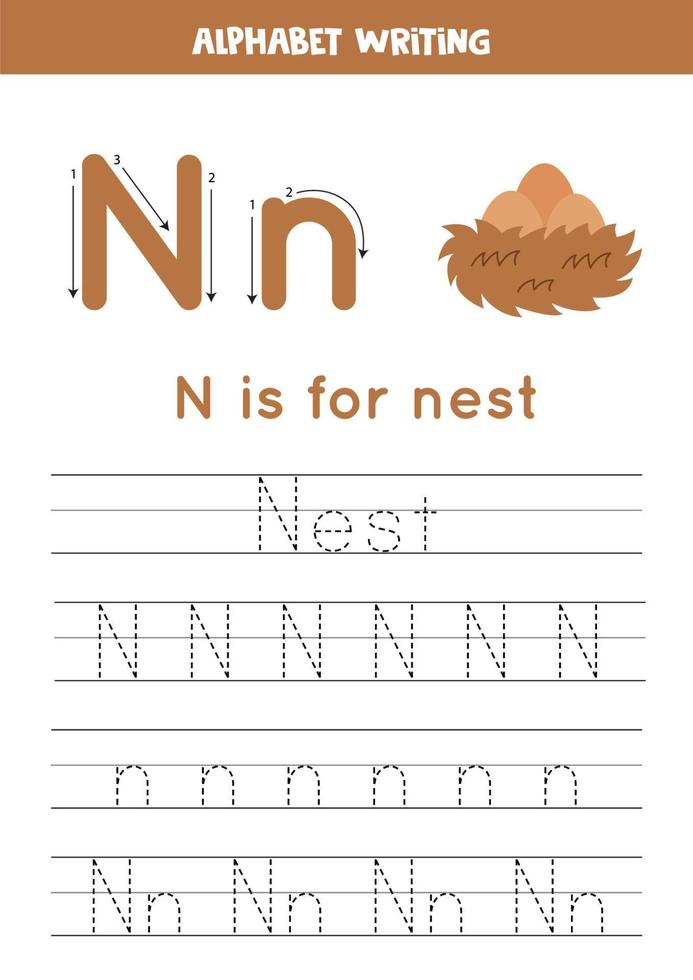 Learning to write letters for preschool kids. N is for nest. vector