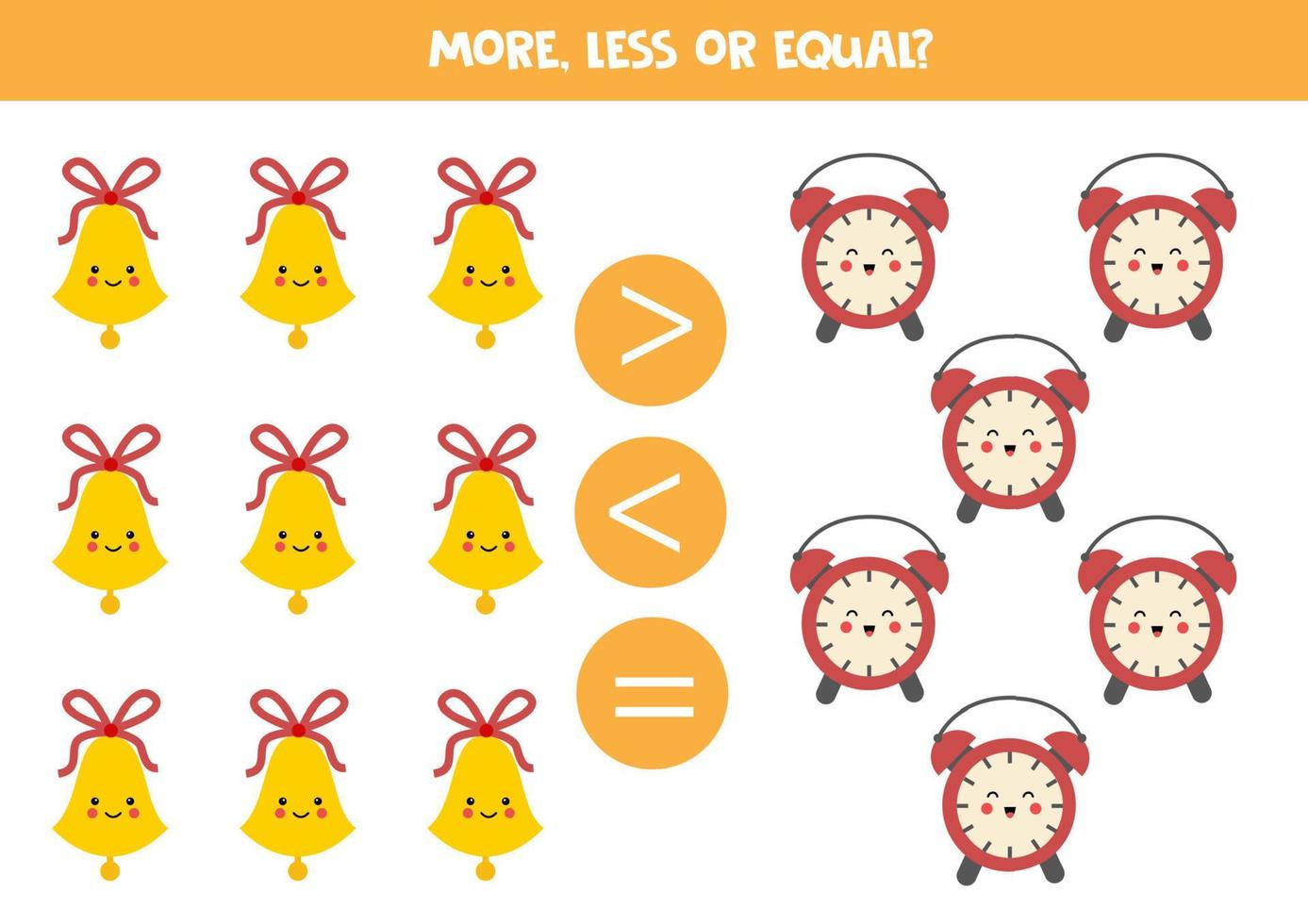 More, less or equal with cartoon bells and alarm clocks. vector
