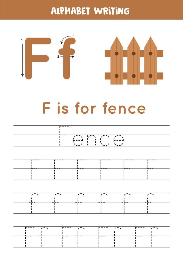 Learning to write letters for preschool kids. F is for fence. vector