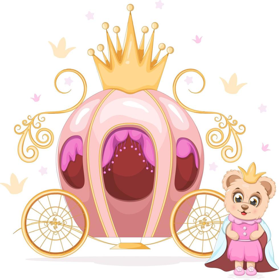 Cute teddy bear princess near fairy carriage vector