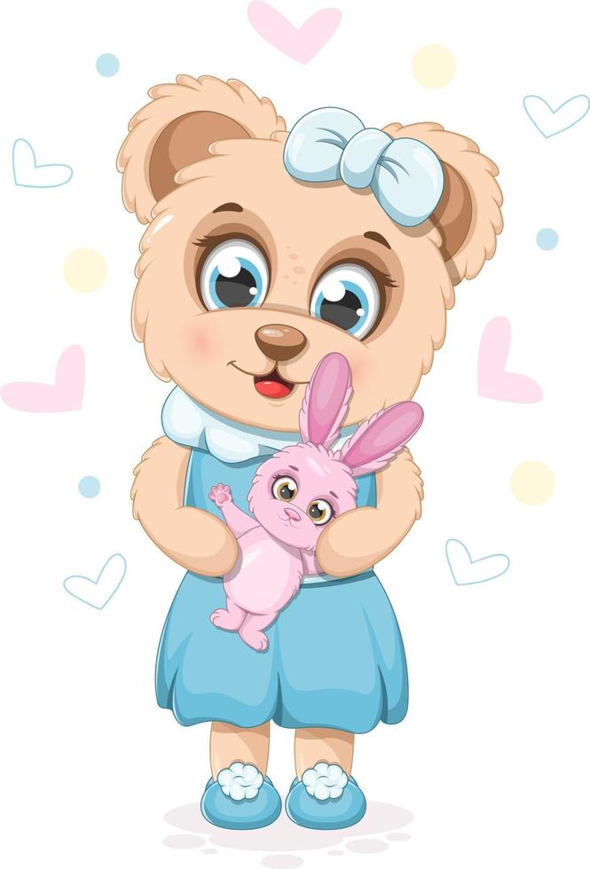 Cute cartoon teddy bear with a soft toy bunny vector
