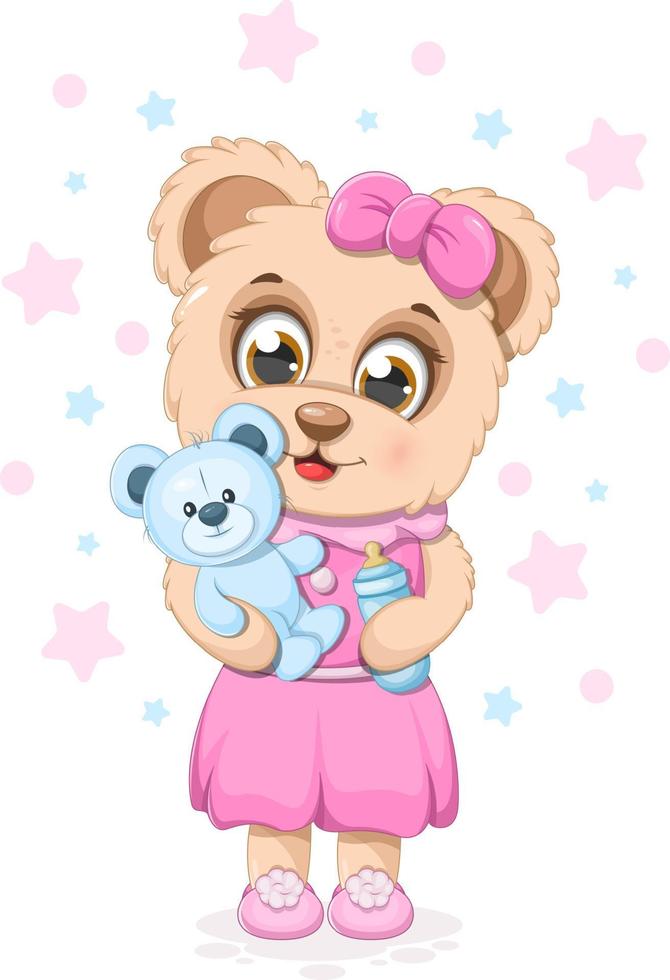 Cute cartoon bear with a soft toy teddy bear and baby bottle vector