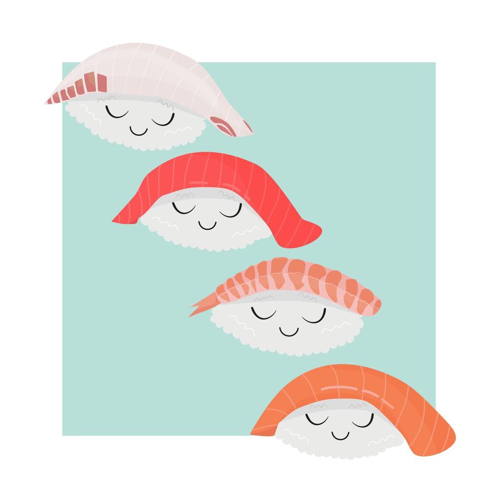 Cute set of nigiri sushi. Vector illustration. Asian food