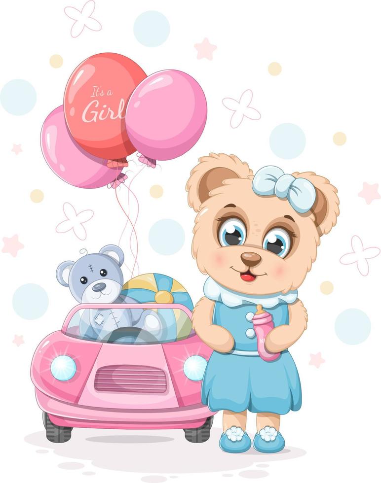 Cute cartoon teddy bear with baby bottle, toy, ball, car and balloons vector