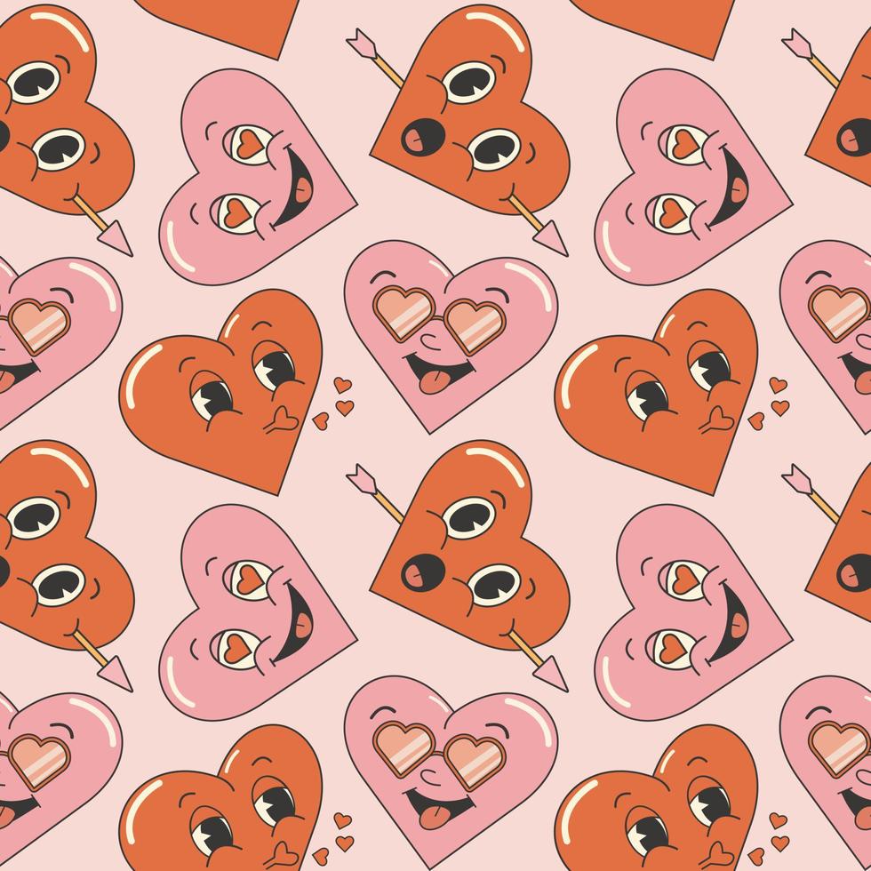 Trendy retro valentines day seamless pattern. With comic groovy heart characters vector