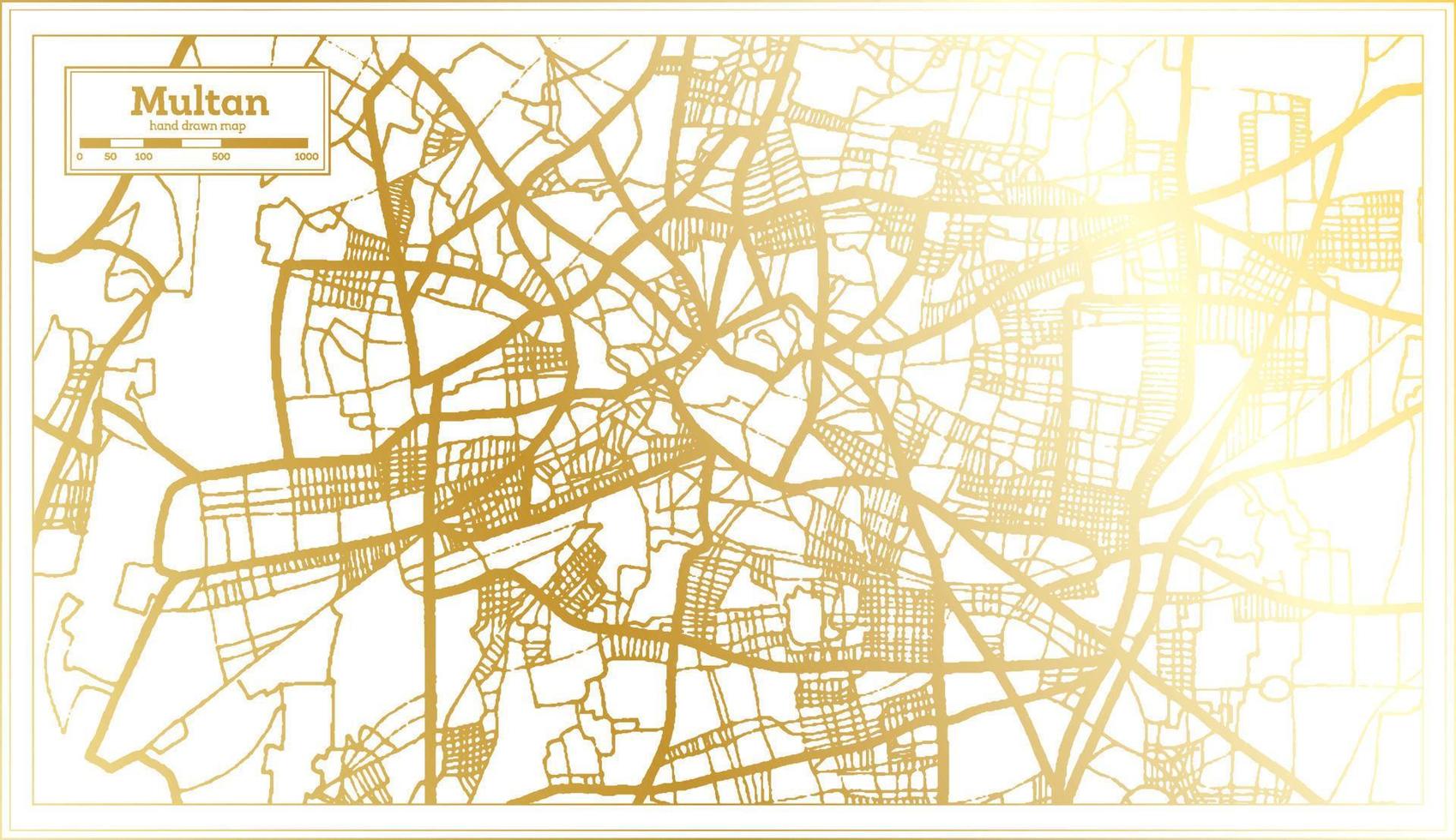 mapa de la ciudad de multan pakistán en estilo retro en color dorado. esquema del mapa. vector