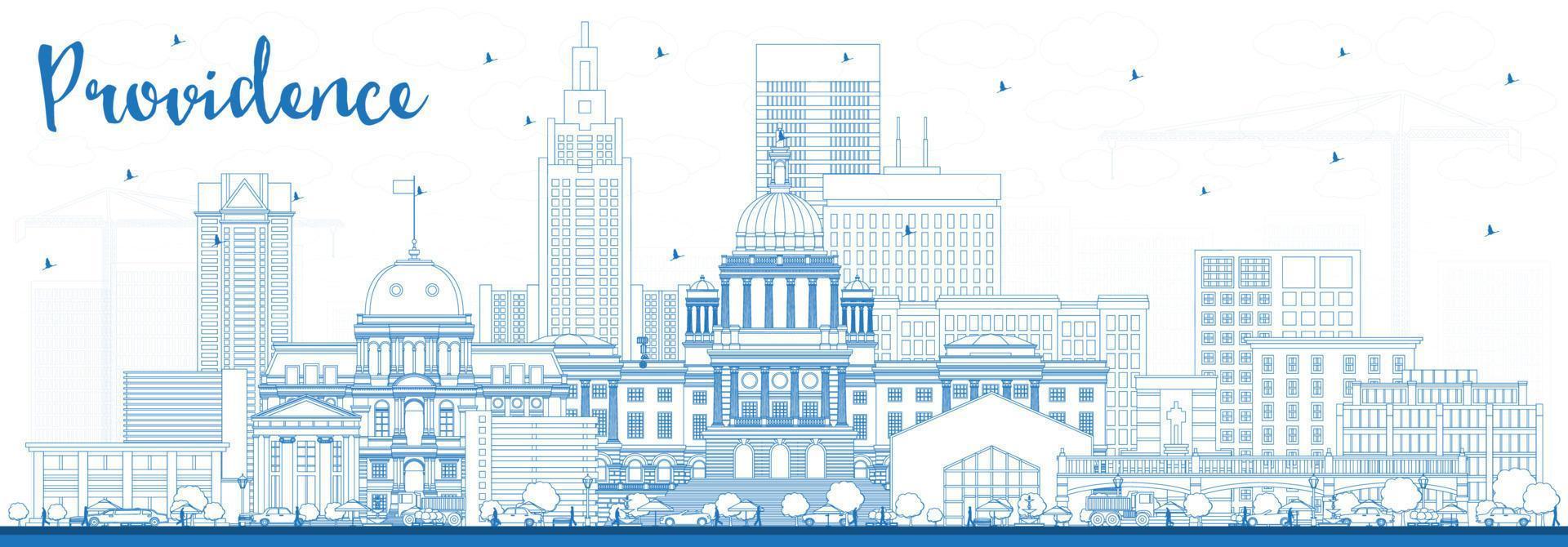 Outline Providence Rhode Island City Skyline with Blue Buildings. vector