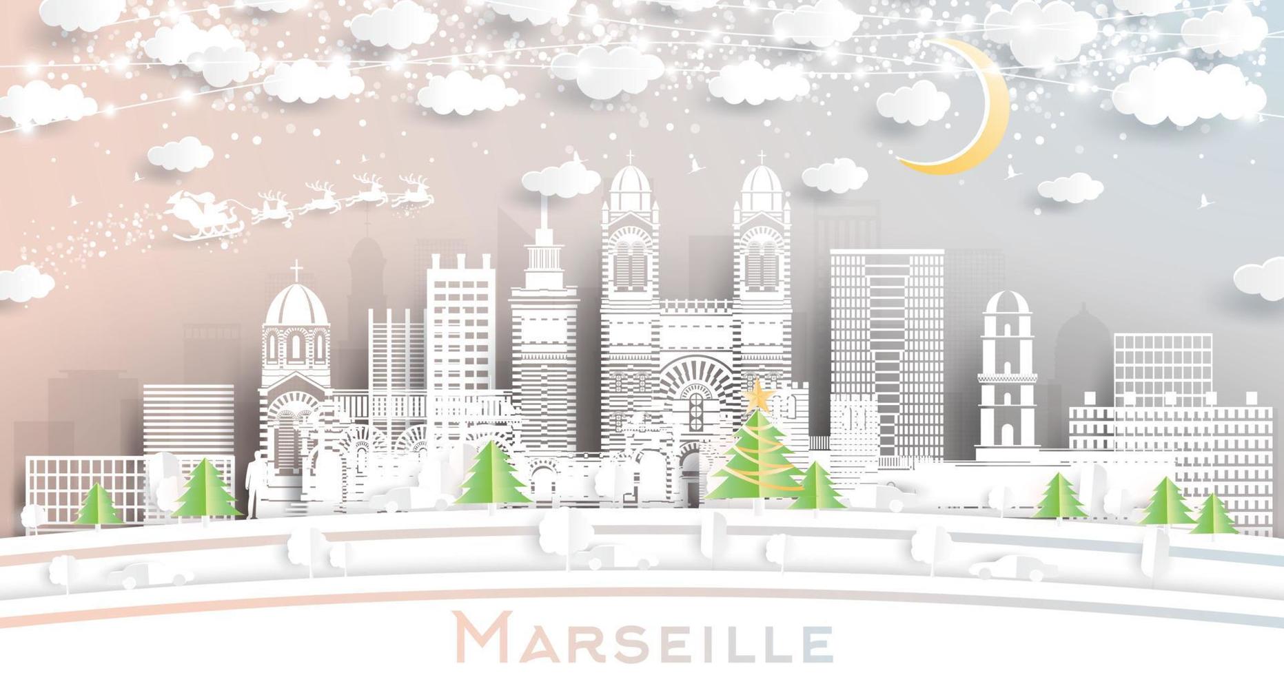Marseille France City Skyline in Paper Cut Style with Snowflakes, Moon and Neon Garland. vector