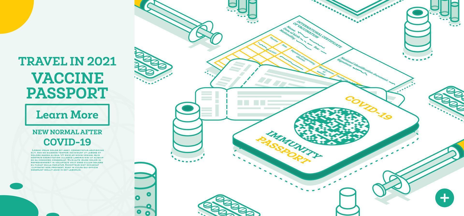 Isometric Immunity Passport with Tickets and International Certificate of Vaccination - Coronavirus Covid-19. vector