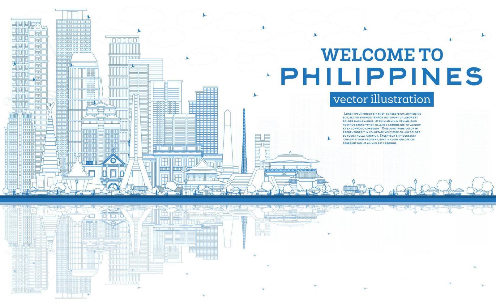 Outline Welcome to Philippines City Skyline with Blue Buildings and Reflections. vector