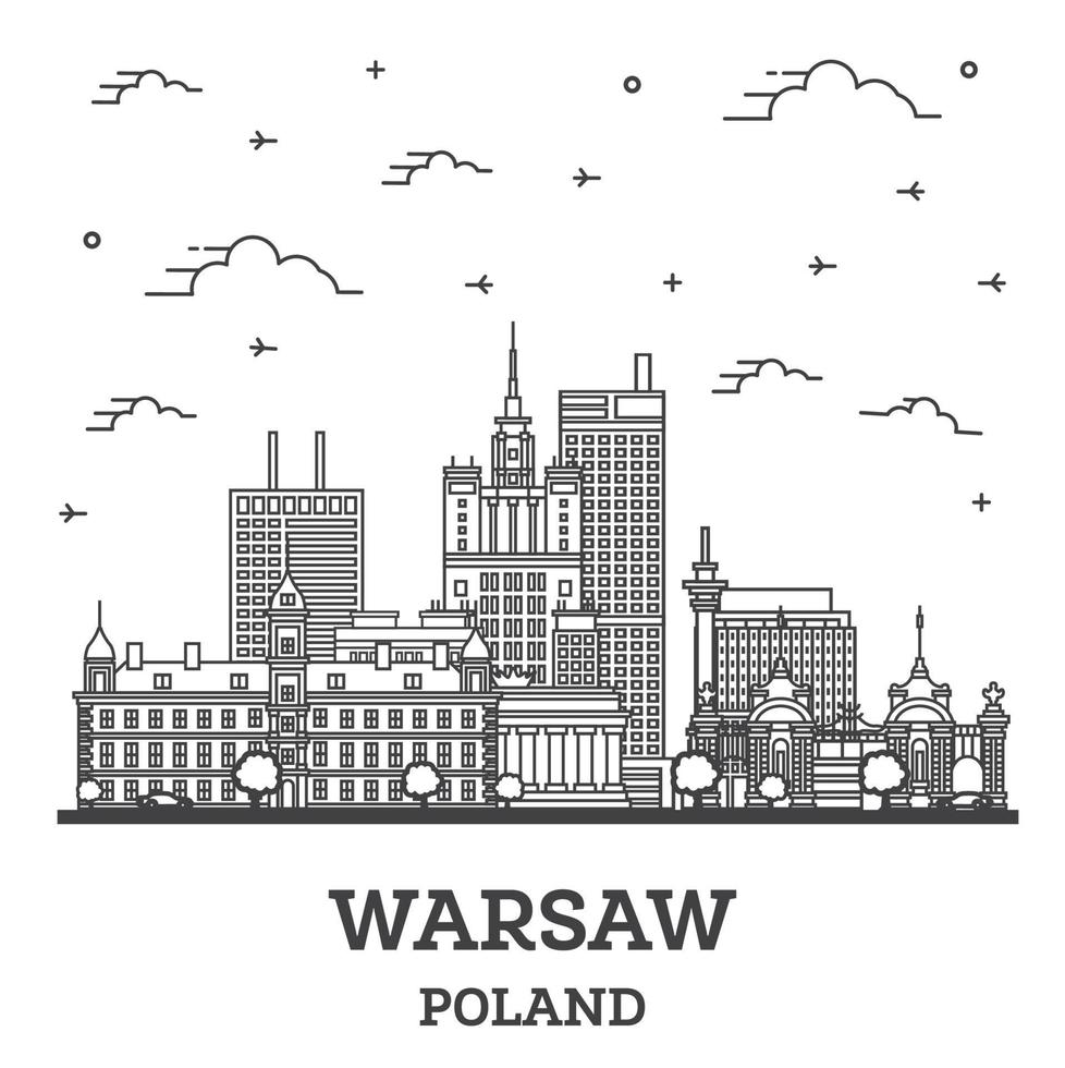 Outline Warsaw Poland City Skyline with Modern Buildings Isolated on White. vector