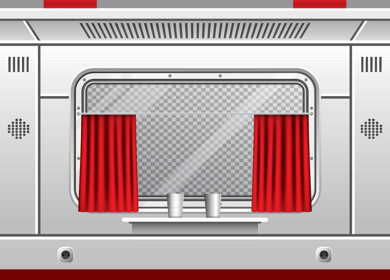 Train Wagon Interior with Window and Red Curtain. Train Travel. Comfortable Voyage. vector