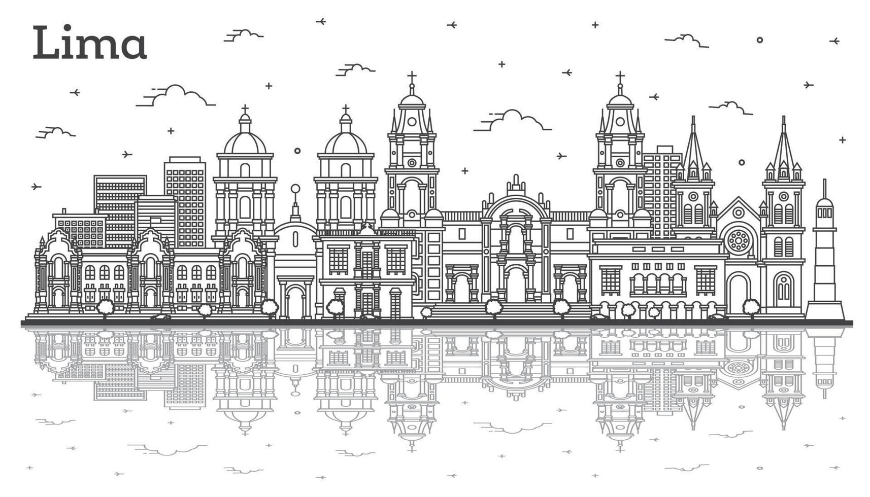 Outline Lima Peru City Skyline with Modern and Historic Buildings and Reflections Isolated on White. vector