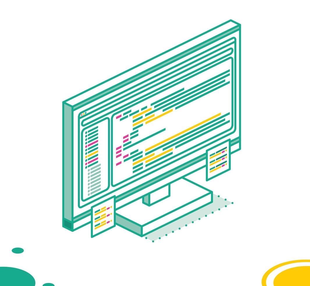 Isometric PC Computer Monoblock with Program's Code and Two Stickers. vector