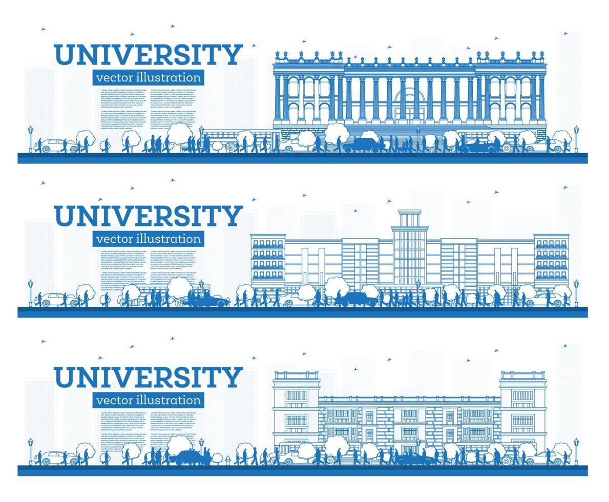 Outline University Campus Set. Study Banners. Vector Illustration. Students Go to the Main Building of University.