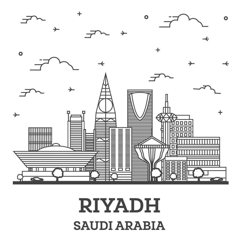 esbozar el horizonte de la ciudad de riyadh arabia saudita con edificios modernos aislados en blanco. vector