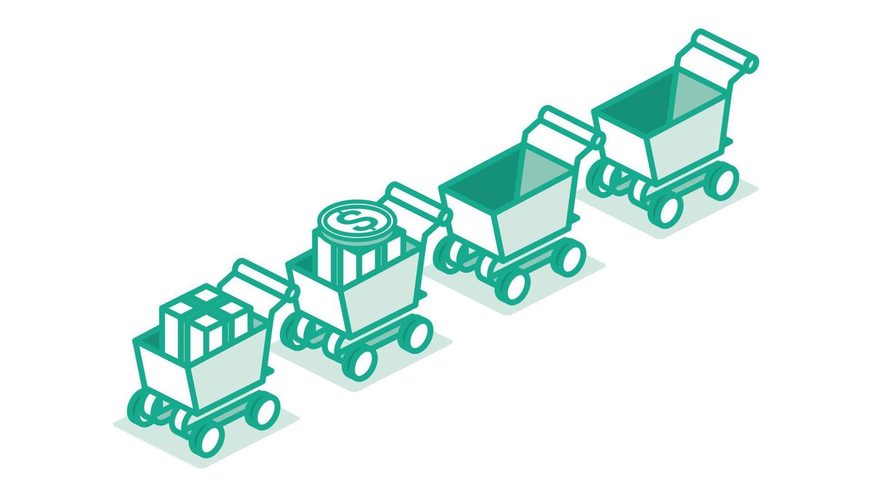 Isometric Shopping Supermarket Cart Standing in Row. Outline Concept. vector