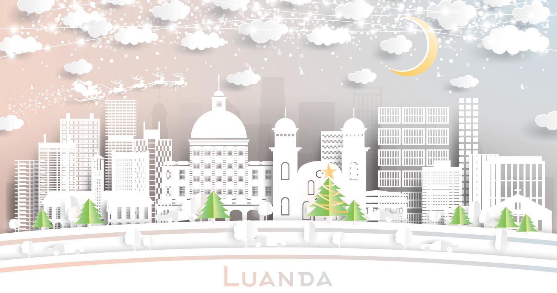 el horizonte de la ciudad de luanda angola en estilo de corte de papel con copos de nieve, luna y guirnalda de neón. vector