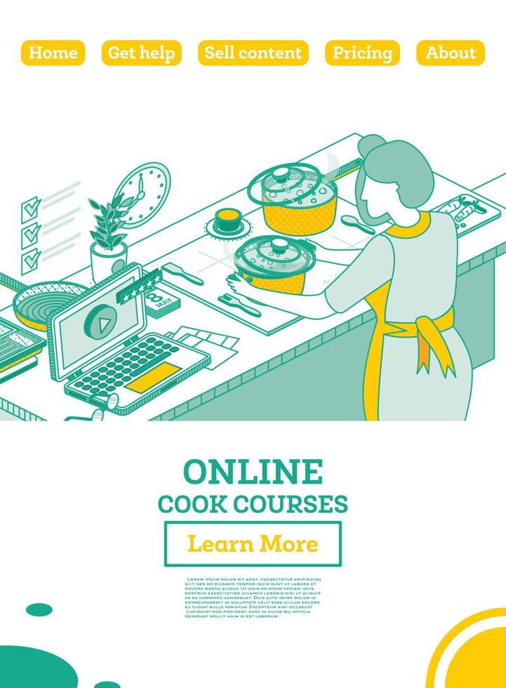 escuela de cocina isométrica en línea. mujer cocinando sopa en la estufa eléctrica. curso culinario. vector