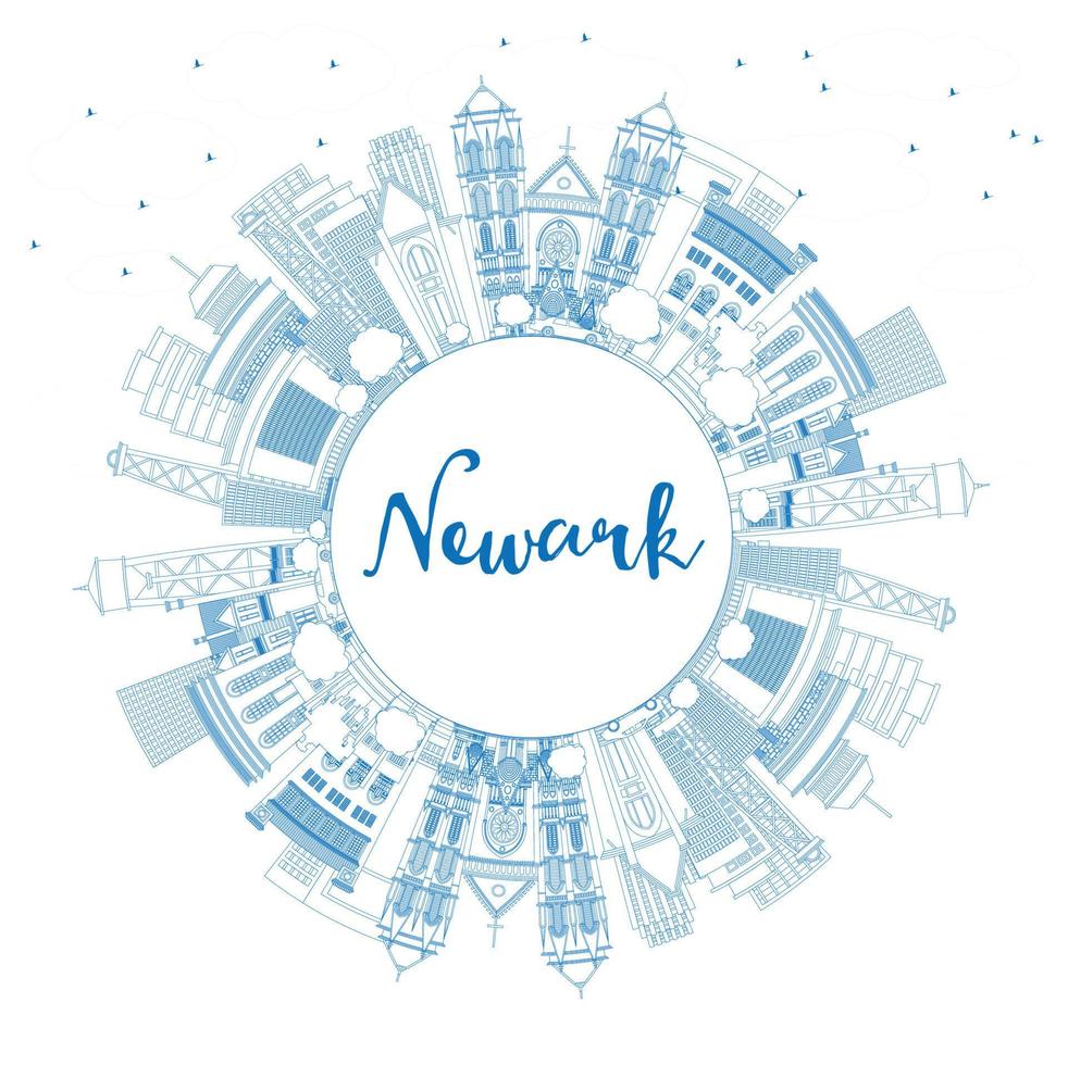Outline Newark New Jersey City Skyline with Blue Buildings and Copy Space. vector