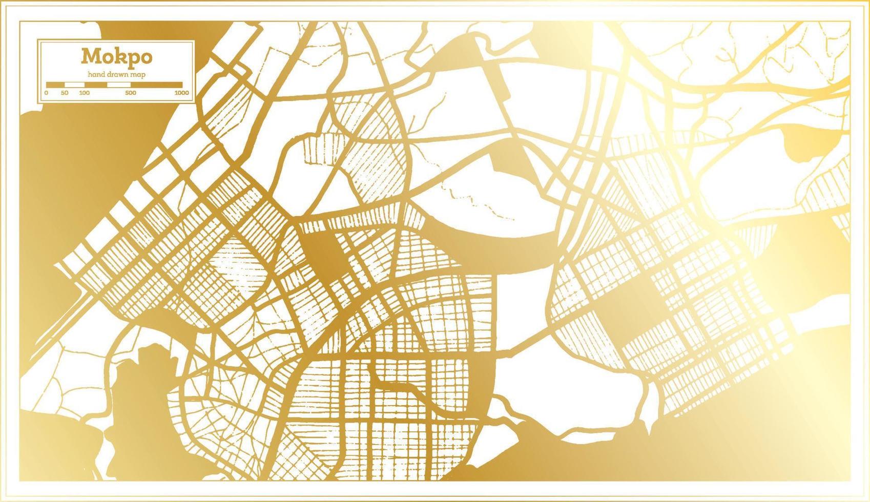 mokpo mapa de la ciudad de corea del sur en estilo retro en color dorado. esquema del mapa. vector