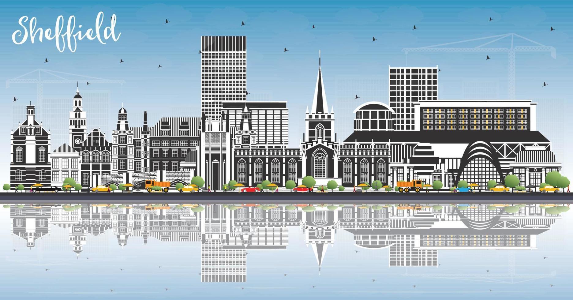 Sheffield UK City Skyline with Color Buildings, Blue Sky and Reflections. vector