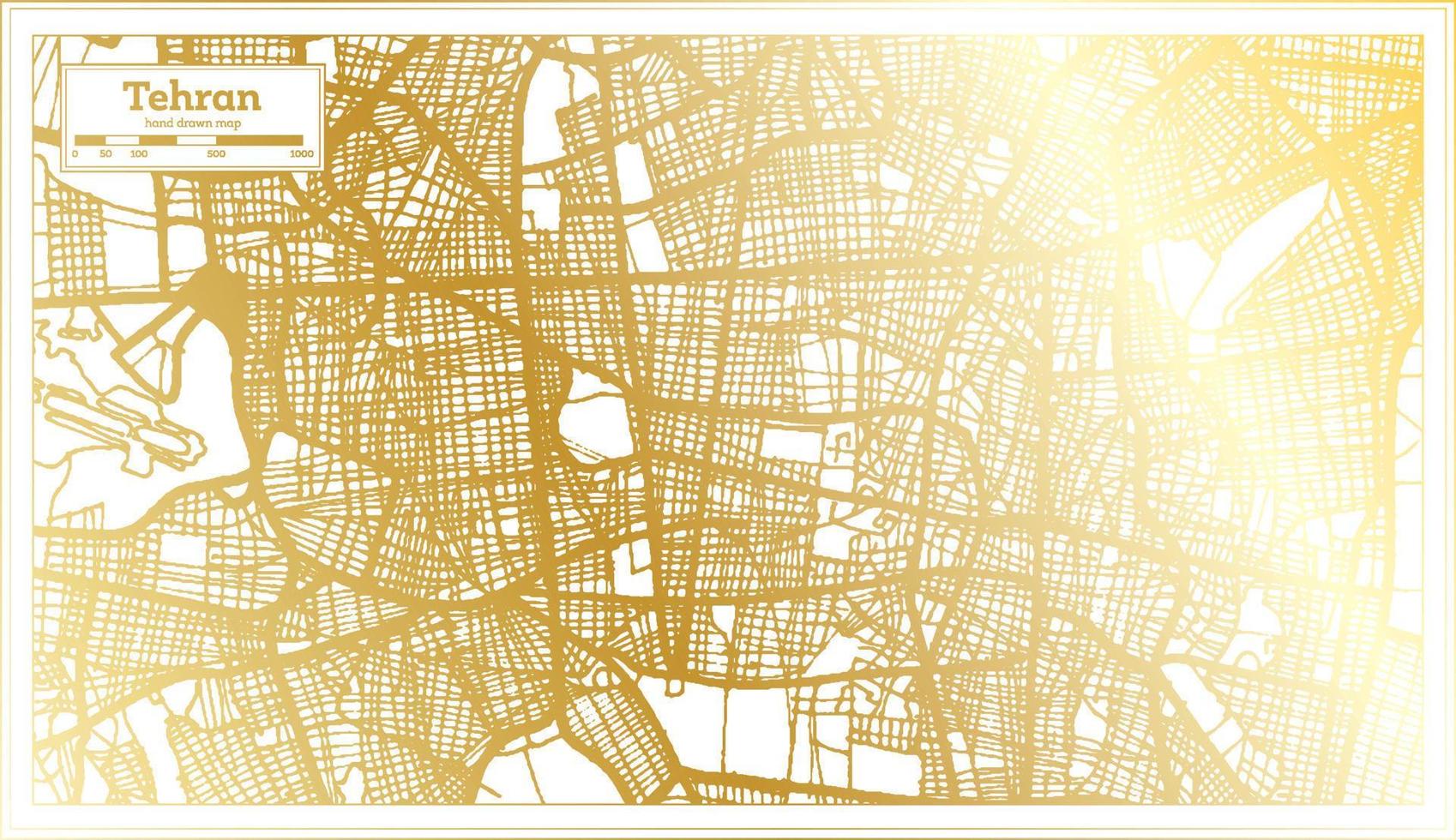 mapa de la ciudad de teherán irán en estilo retro en color dorado. esquema del mapa. vector