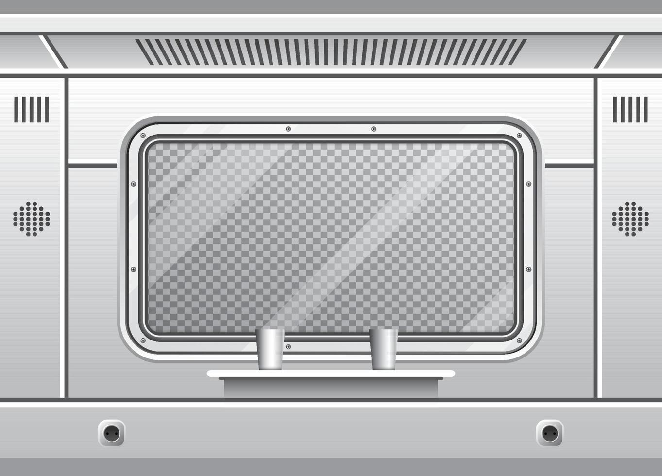 Train Wagon Interior with Window and Gray Wall. Passenger Compartment with Table and Sockets. vector