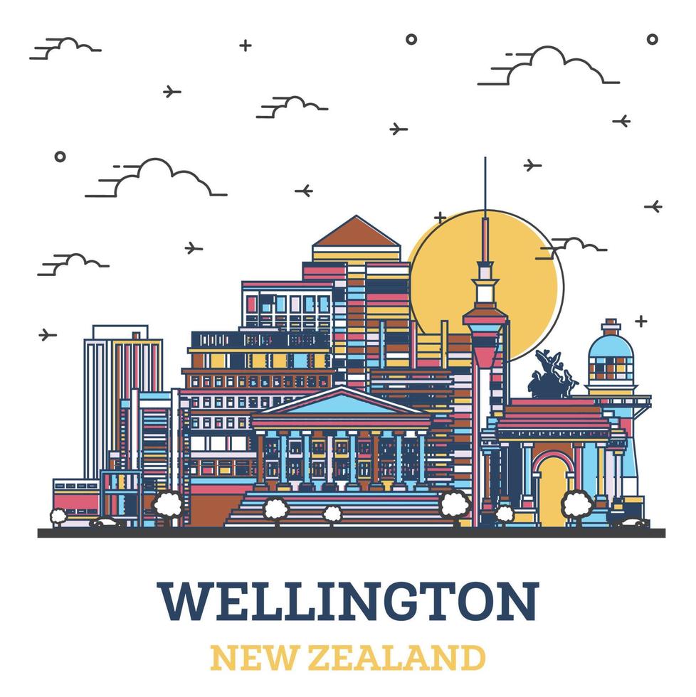 delinear el horizonte de la ciudad de wellington nueva zelanda con edificios modernos de colores aislados en blanco. vector