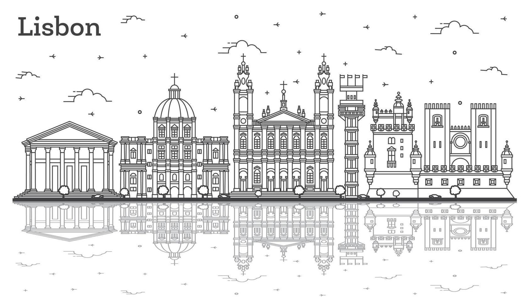 Outline Lisbon Portugal City Skyline with Historic Buildings and Reflections Isolated on White. vector