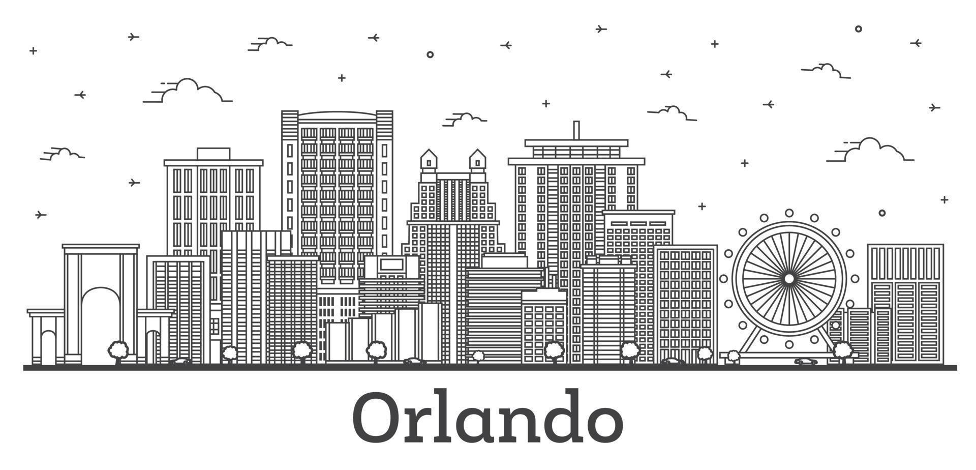 Outline Orlando Florida City Skyline with Modern and Historic Buildings Isolated on White. vector