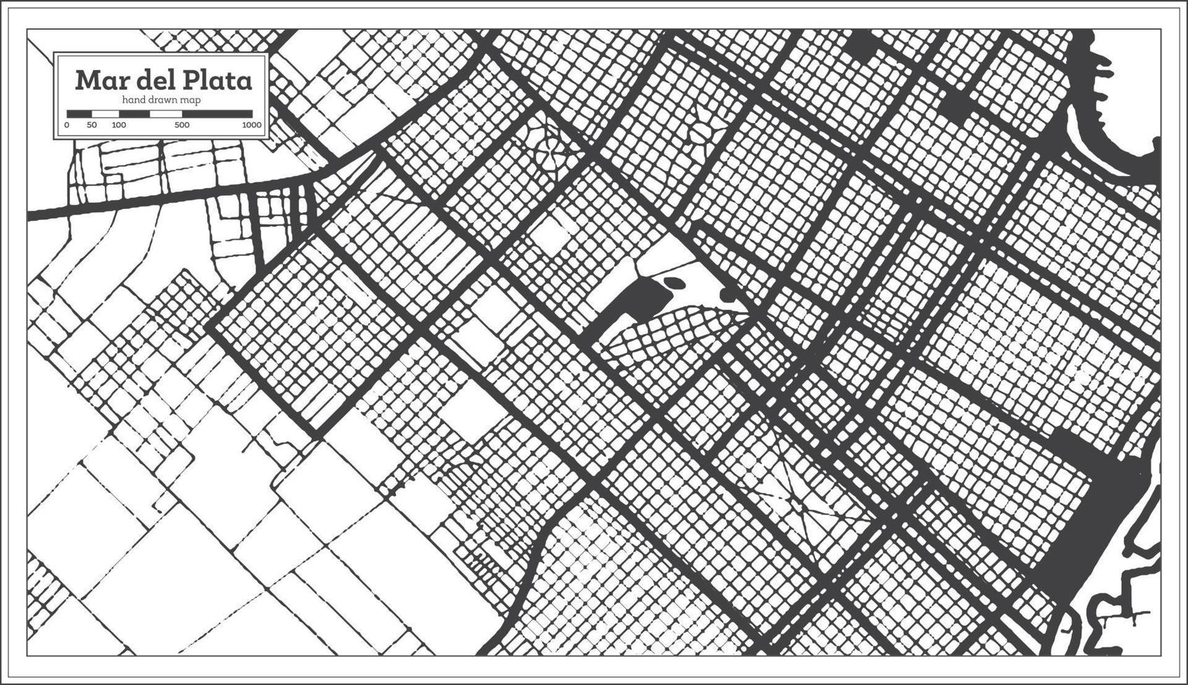 mapa de la ciudad de mar del plata argentina en color blanco y negro en estilo retro aislado en blanco. vector