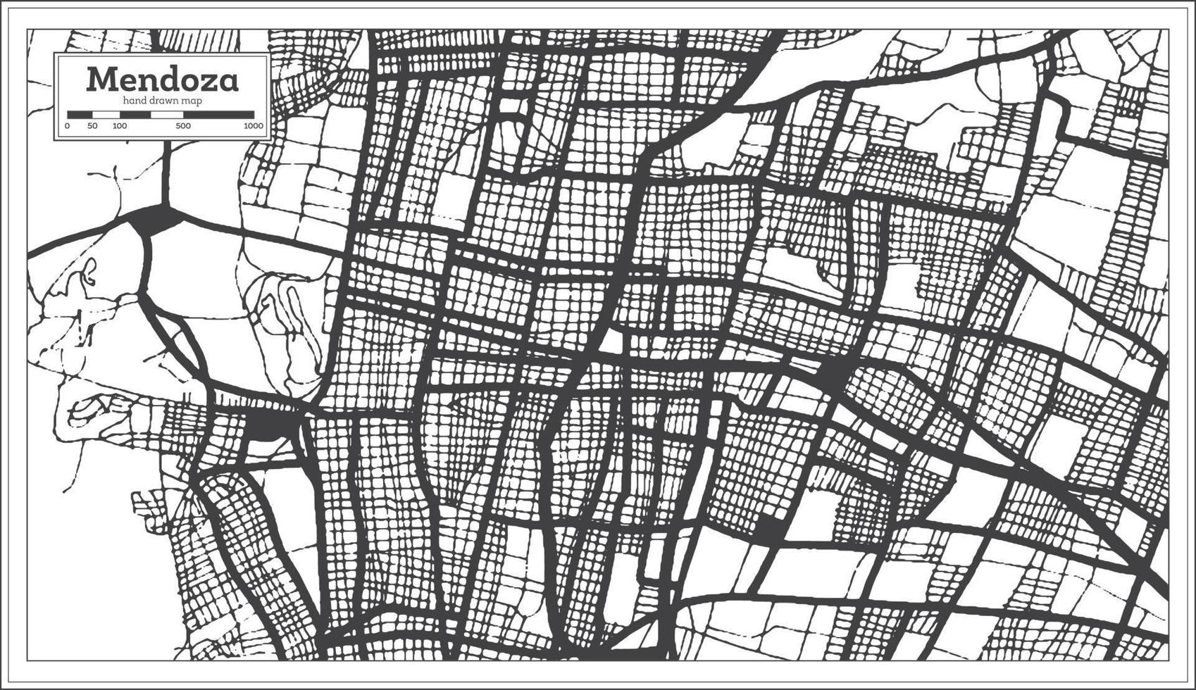 Mendoza Argentina City Map in Black and White Color in Retro Style Isolated on White. vector