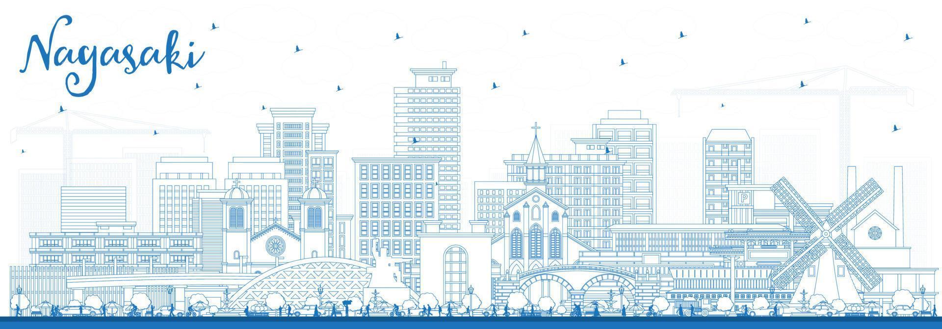 Outline Nagasaki Japan City Skyline with Blue Buildings. vector