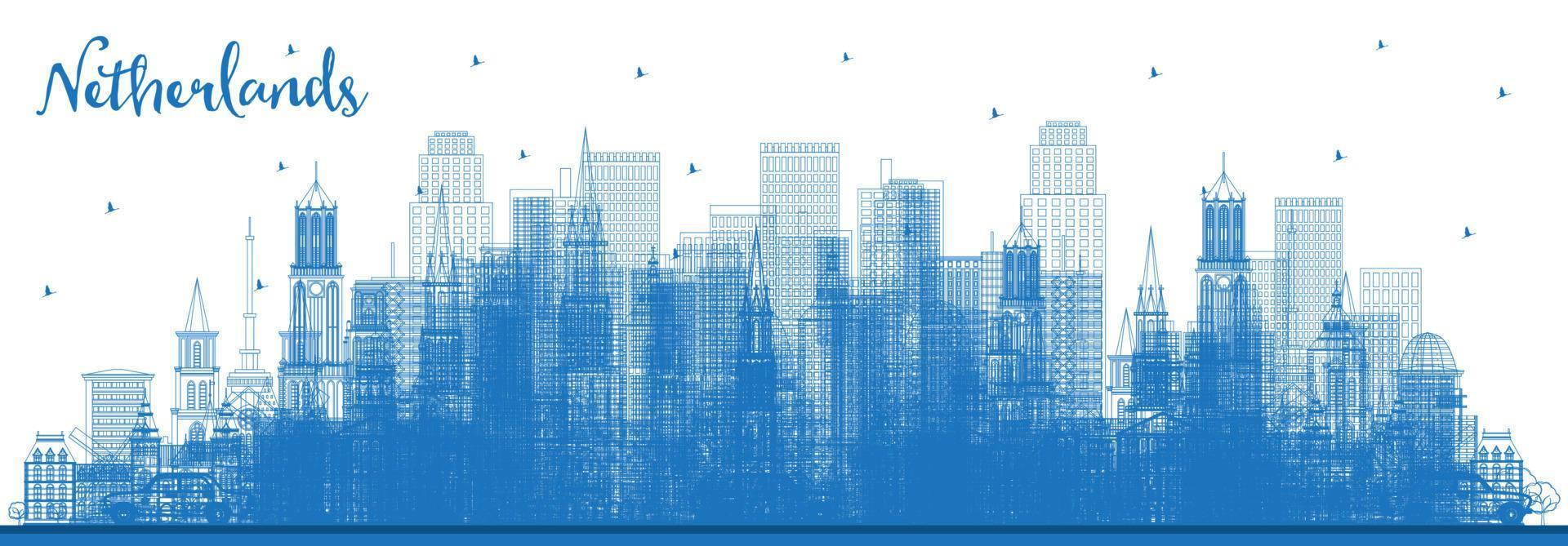 Outline Netherlands Skyline with Blue Buildings. Vector Illustration.