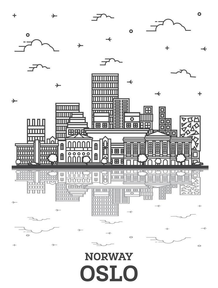 Outline Oslo Norway City Skyline with Modern Buildings and Reflections Isolated on White. vector