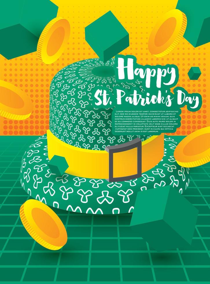 Saint Patrick's Day Festive Banner with Green 3D Hat and Falling Golden Coins with Green Cubes. vector