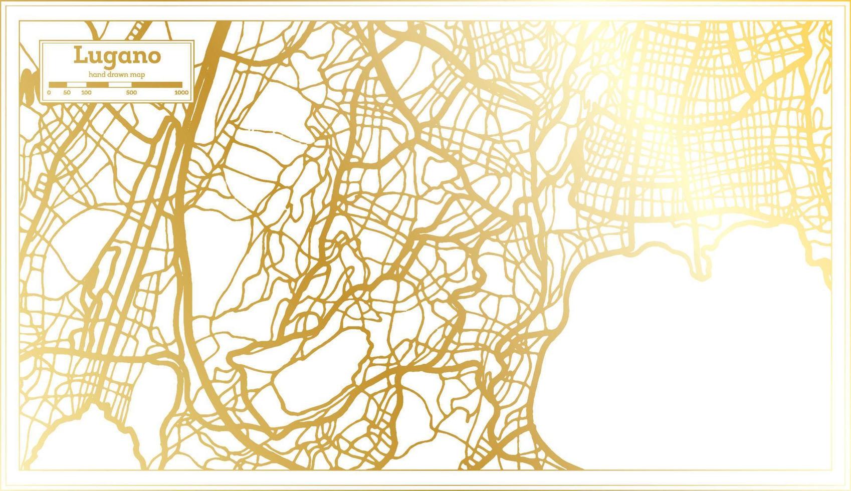 mapa de la ciudad de lugano suiza en estilo retro en color dorado. esquema del mapa. vector