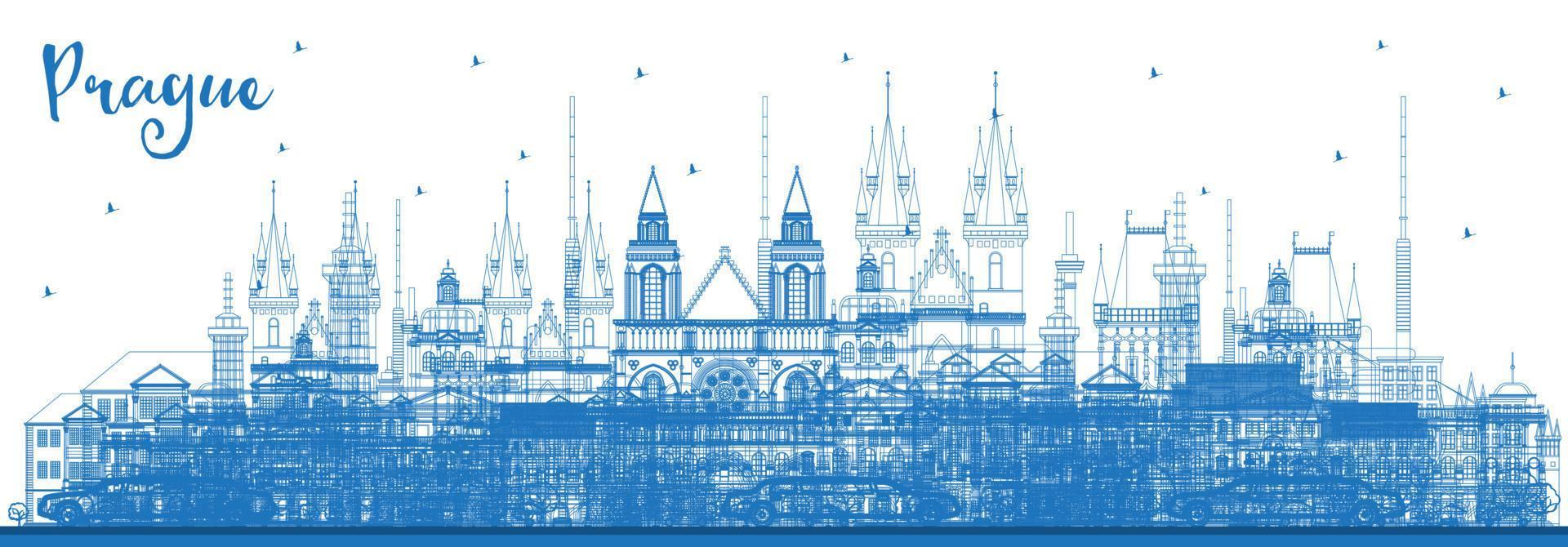 Outline Prague Czech Republic City Skyline with Blue Buildings. vector