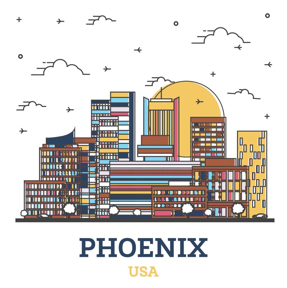 Outline Phoenix Arizona USA City Skyline with Colored Modern Buildings Isolated on White. vector