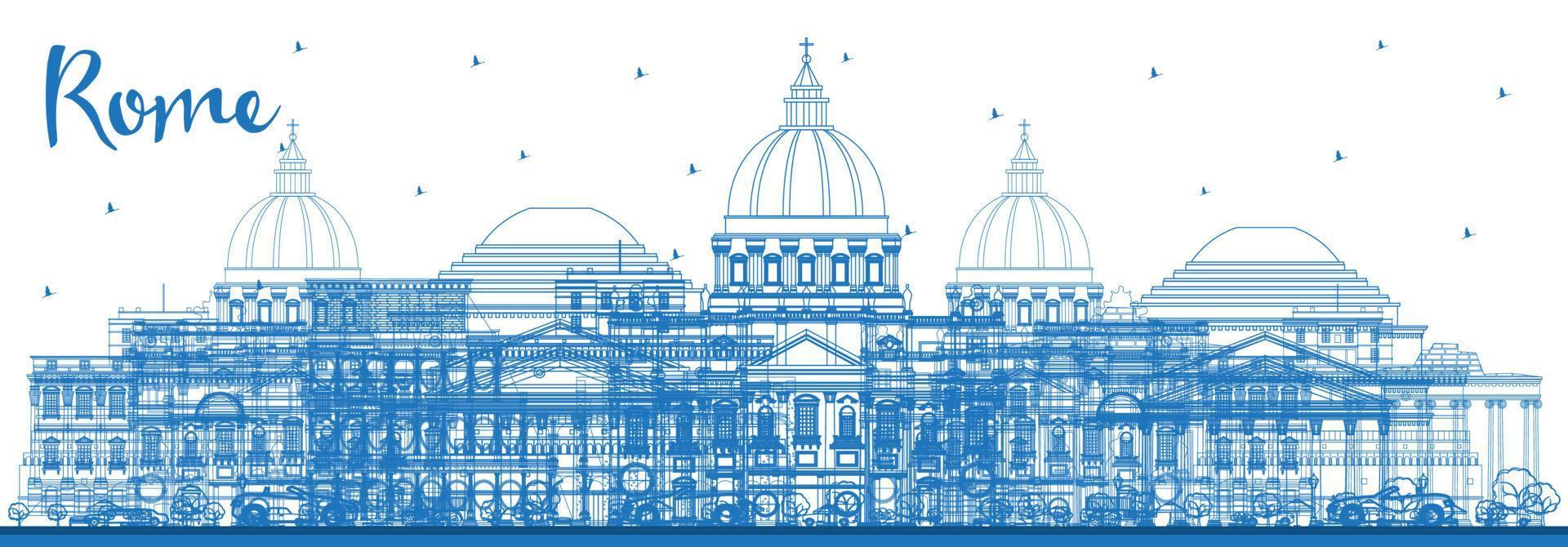 Outline Rome Italy City Skyline with Blue Buildings. vector