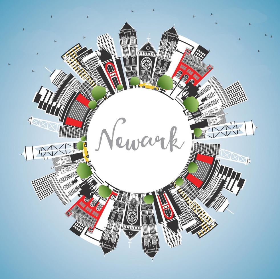 Newark New Jersey City Skyline with Color Buildings, Blue Sky and Copy Space. vector