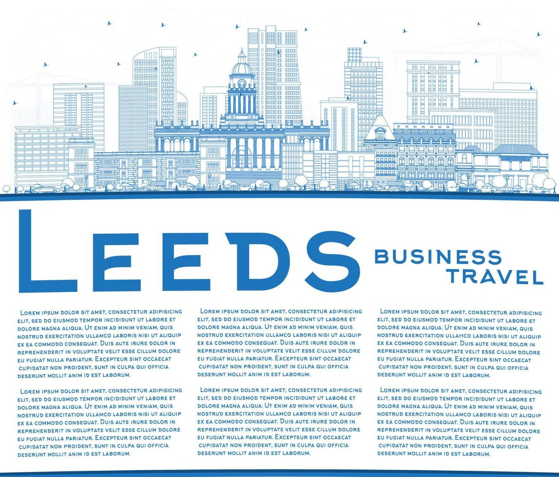 Outline Leeds UK City Skyline with Blue Buildings and Copy Space. vector