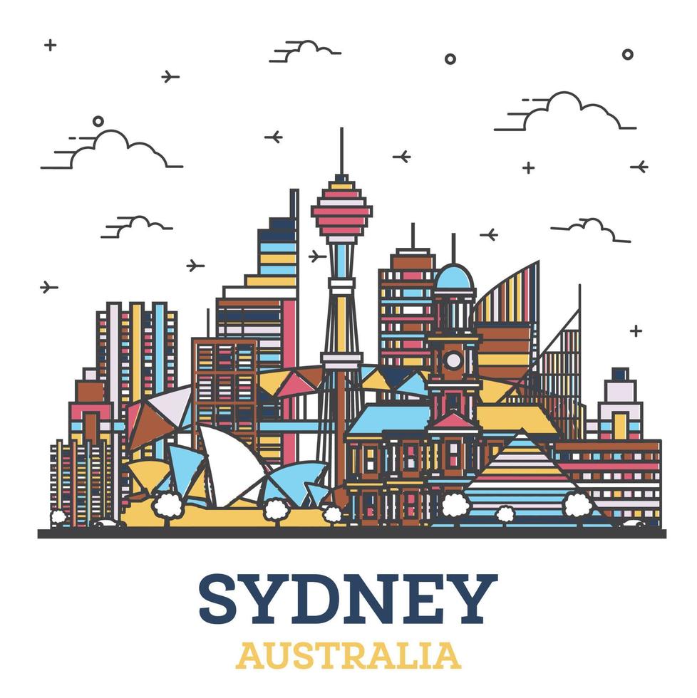 delinear el horizonte de la ciudad de sydney australia con modernos edificios de colores aislados en blanco. vector