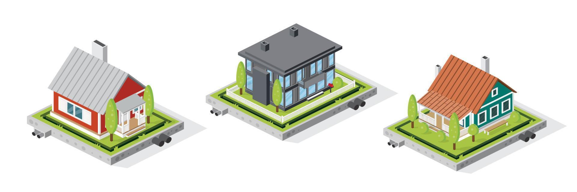 Conjunto de edificios de viviendas residenciales aislado en blanco. concepto isométrico. vector