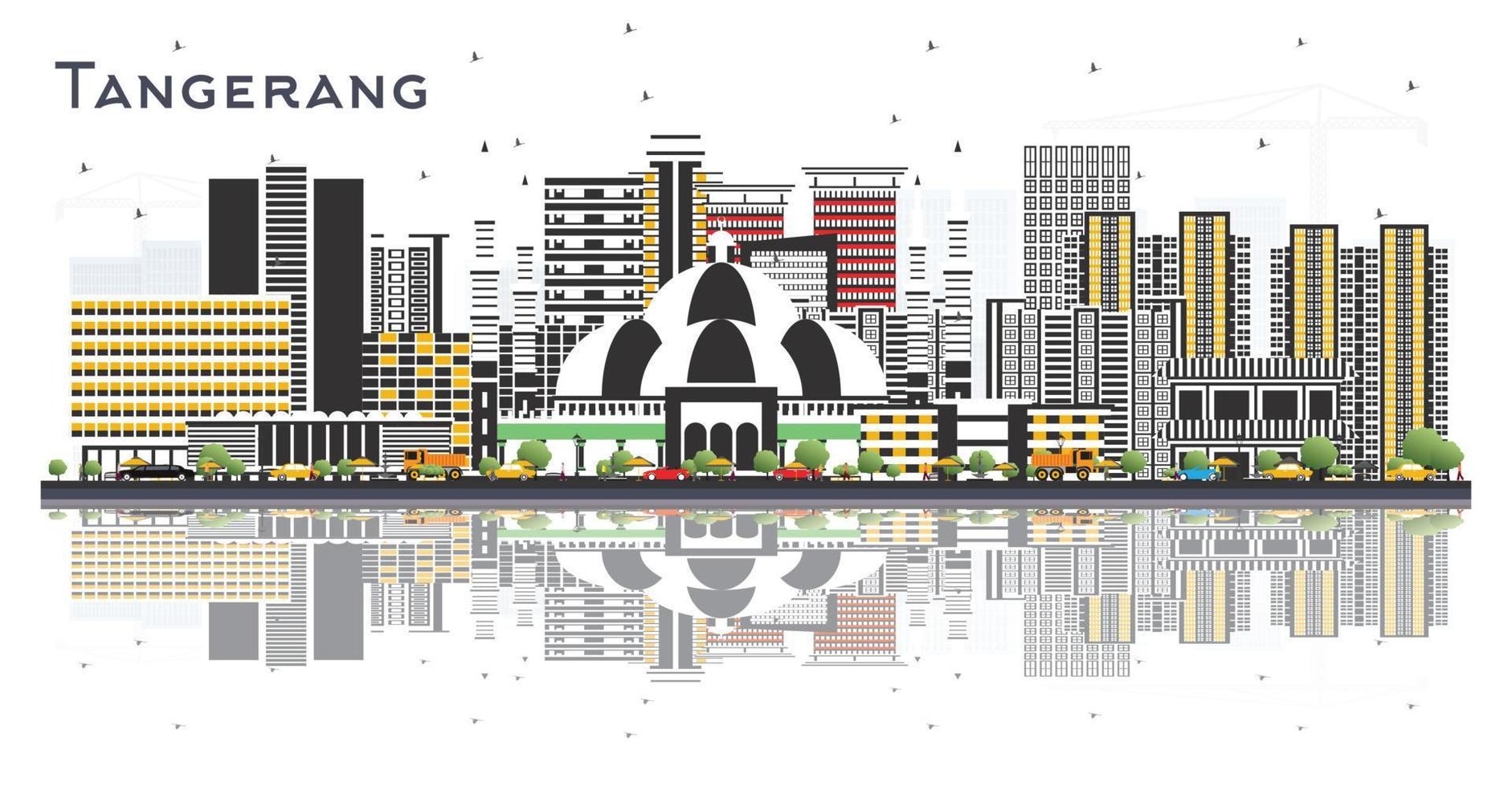 Tangerang Indonesia City Skyline with Gray Buildings and Reflections Isolated on White. vector